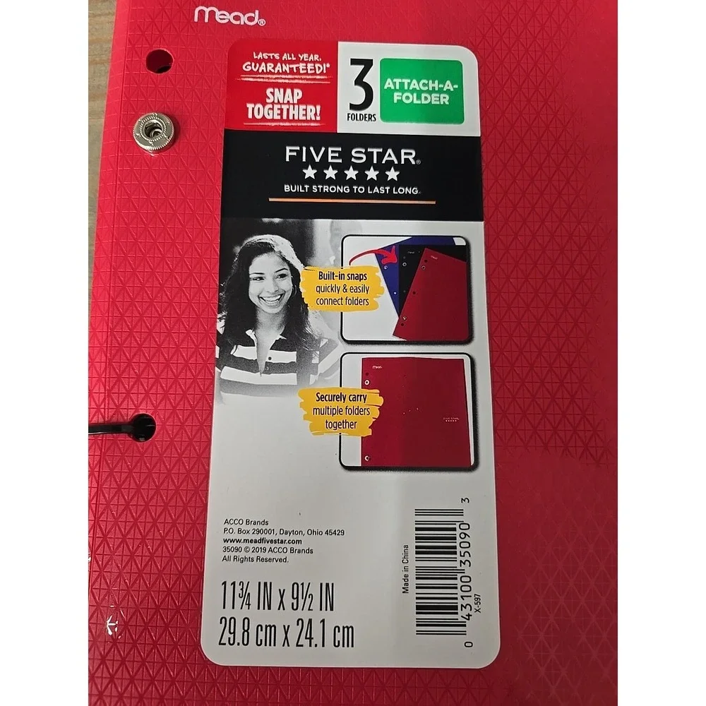 Mead Five Star 3-Folder Attach‎ A Folder Snap Together Red Binder New
